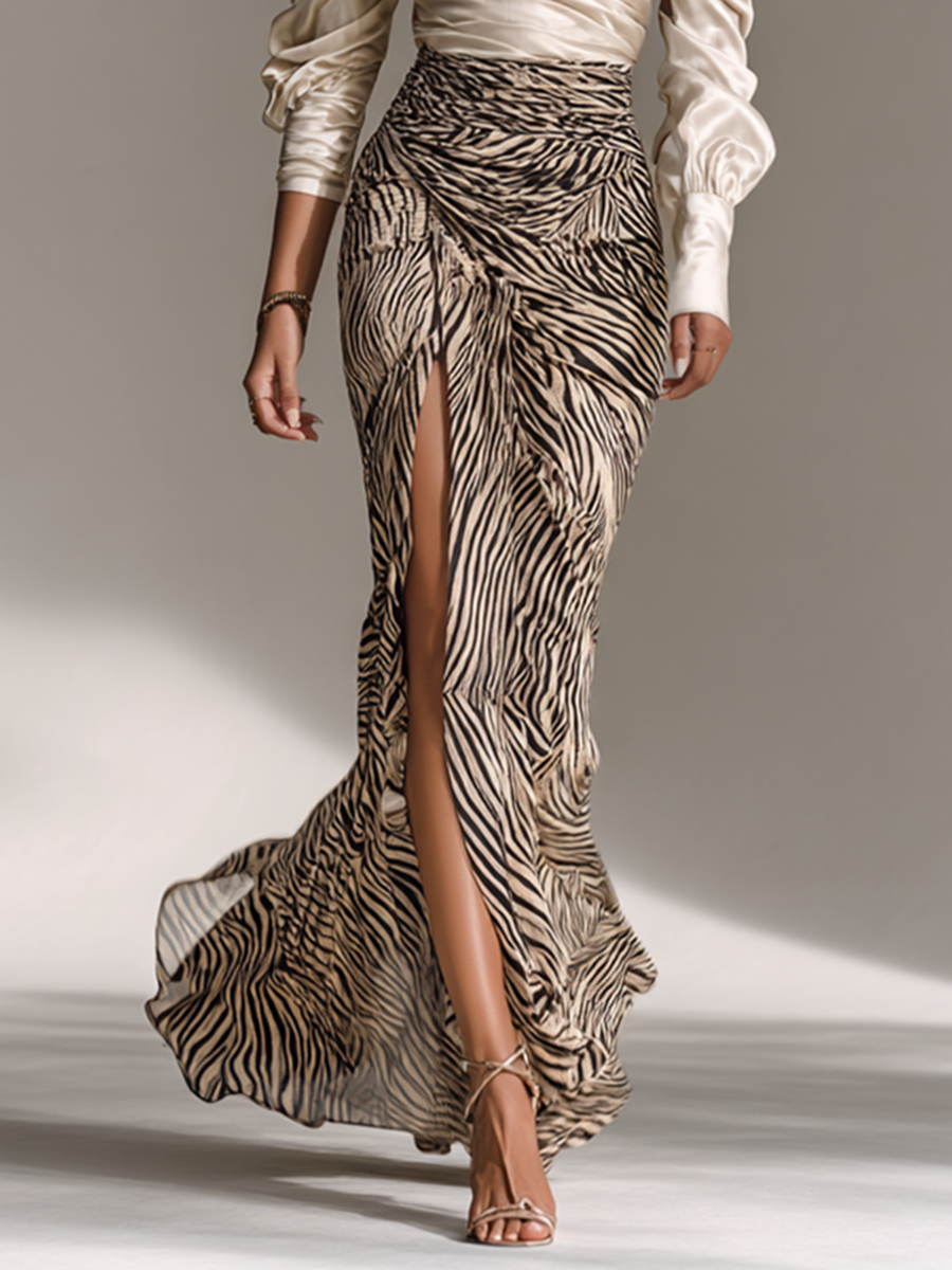 Satin Off-shoulder Long-sleeved Top With Zebra Print Hip-wrapped Slit Skirt Two-piece Set
