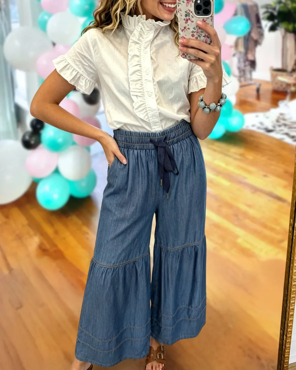 Drawstring Wide-Leg Denim Pants