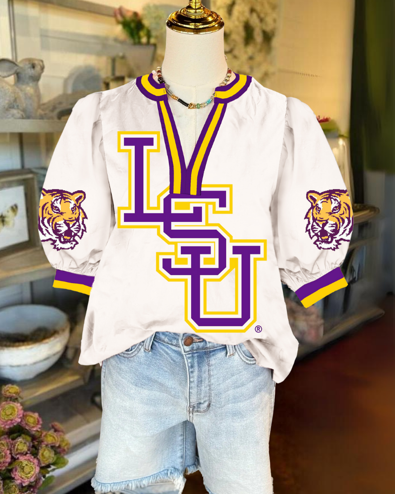 Tigers Puff Sleeve Satin Top