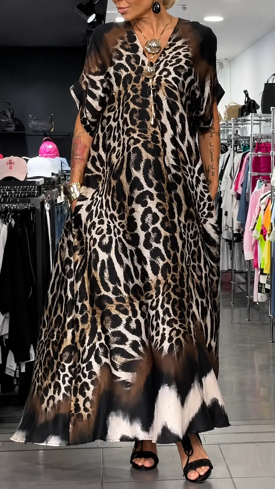 Leopard Print V-Neck Chiffon Kaftan Dress