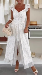 Women's Elegant Dress - Flutter Sleeves - Faux-Layered Design with Side Slits