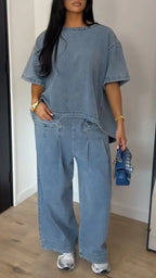 Women's Washed Blue Loose Wide-Leg Denim Trousers - Two-Piece Set