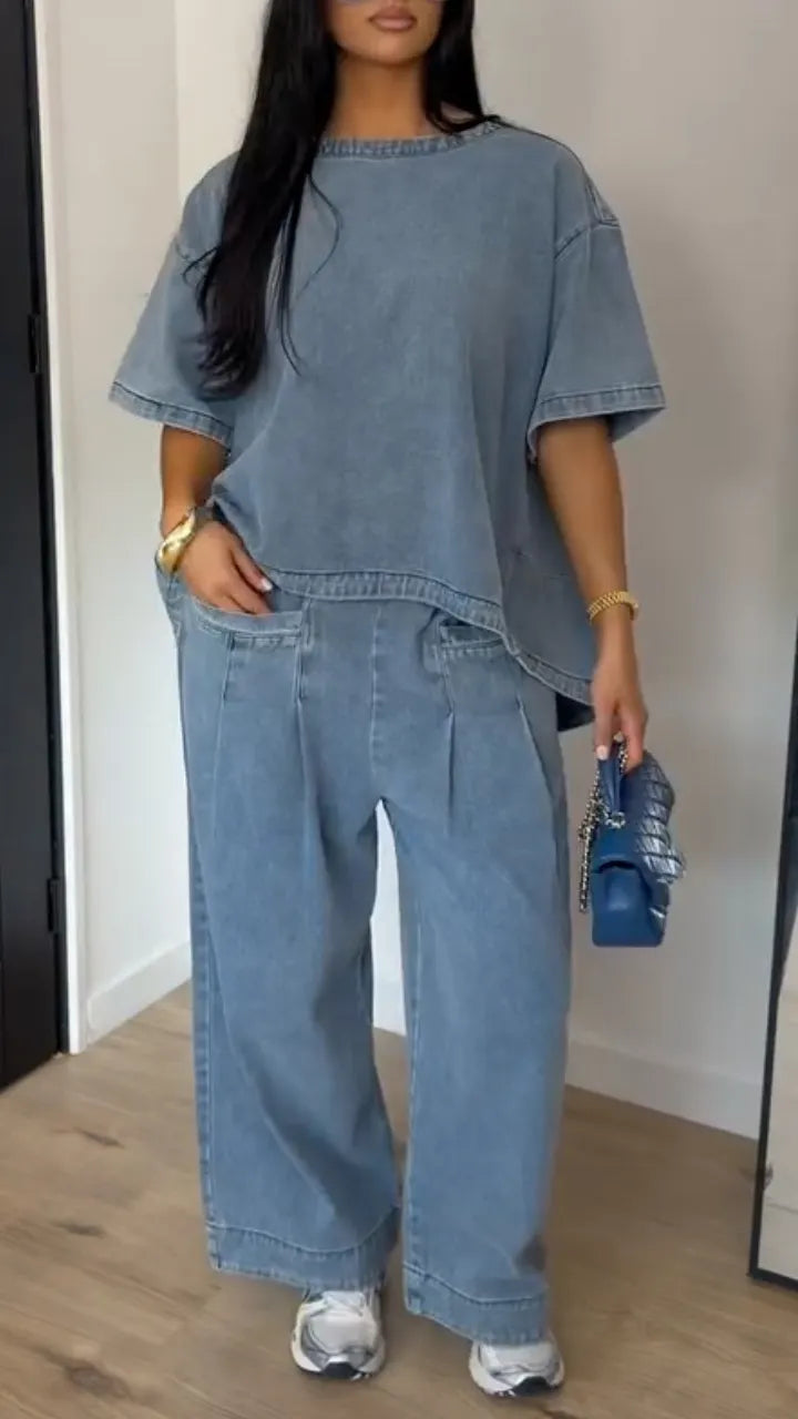 Women's Washed Blue Loose Wide-Leg Denim Trousers - Two-Piece Set