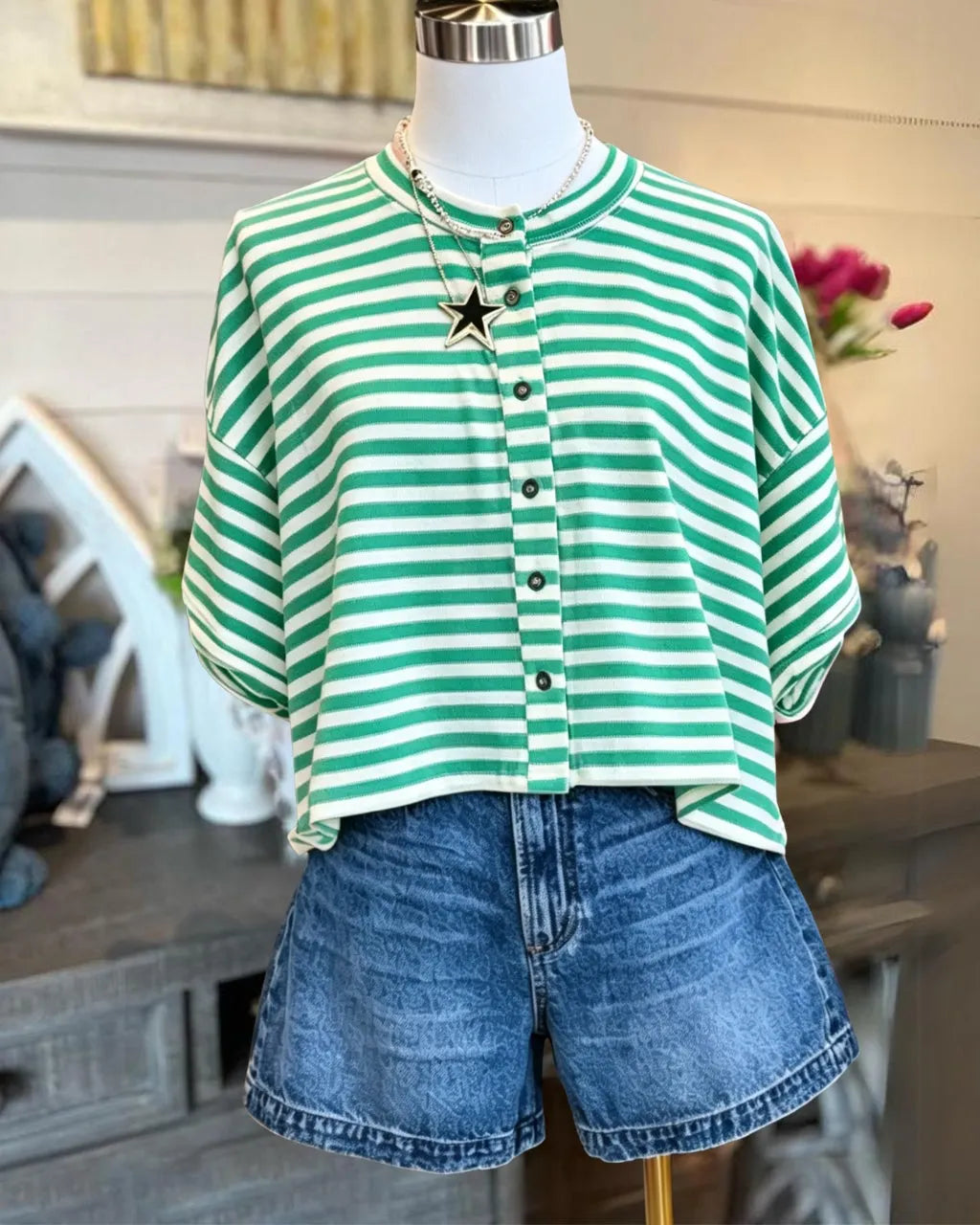 Striped Collins Button Tee