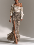 Satin Off-shoulder Long-sleeved Top With Zebra Print Hip-wrapped Slit Skirt Two-piece Set