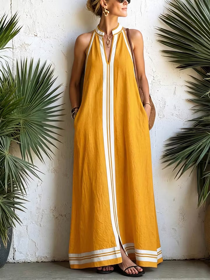 Women's Casual V-Neck Sleeveless Cotton Linen Dress