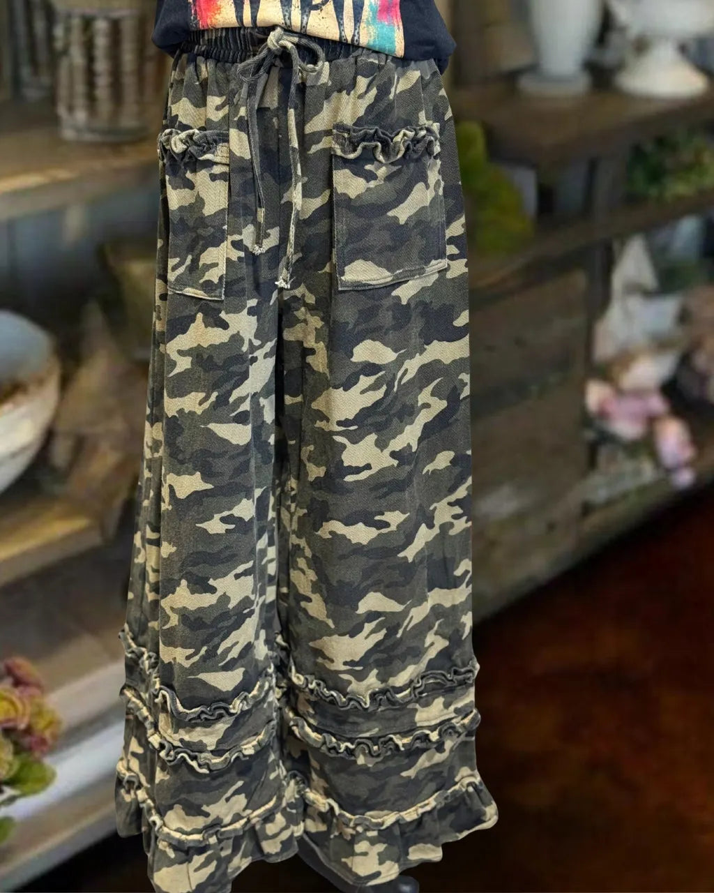 Duo Ruffle Trim Camo Pants