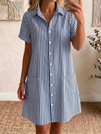 Clearance Sale🔥 Women's Cozy Lapel Classic Striped Cotton Linen Shirt Dress