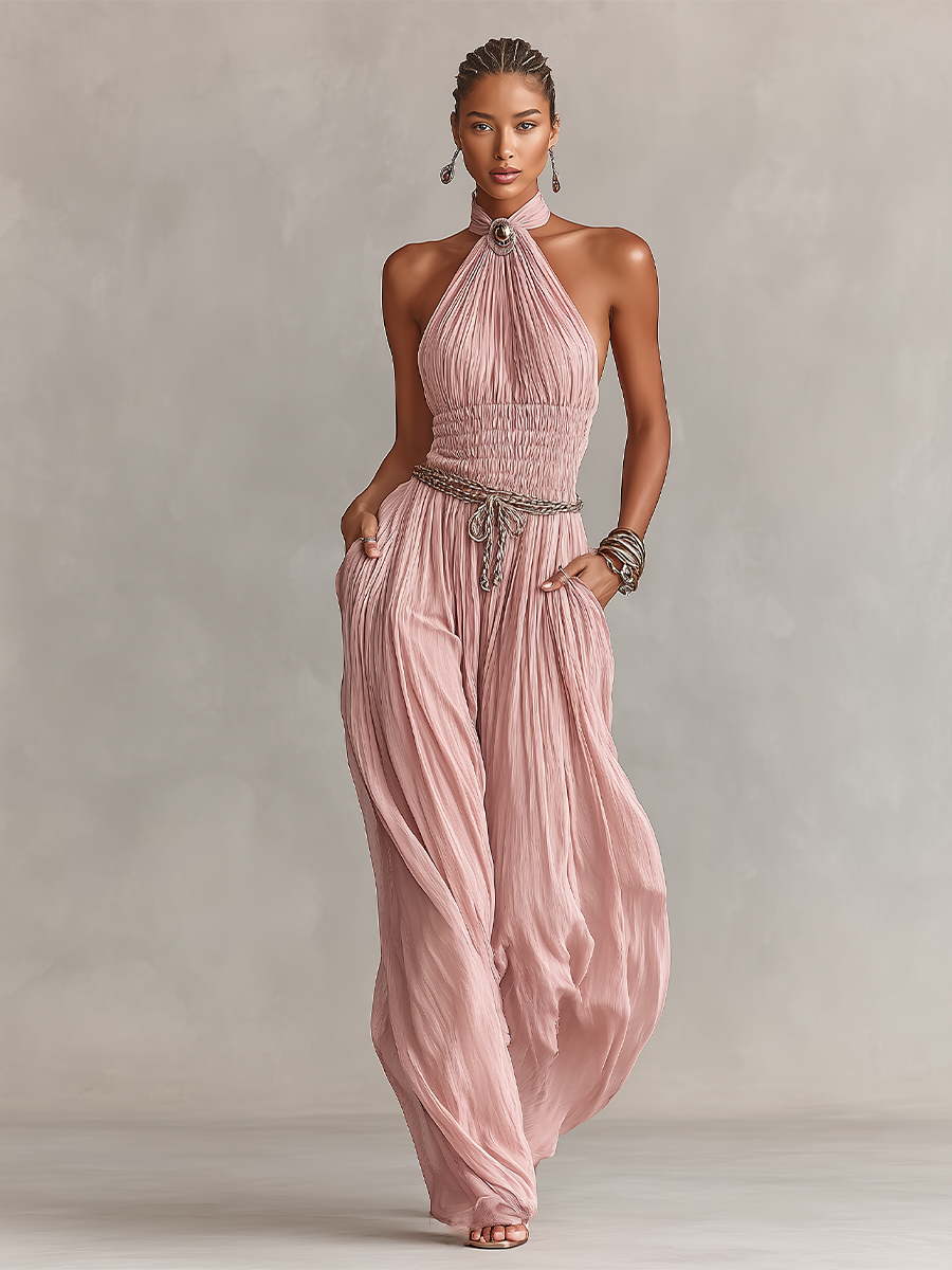 Halter Neck & Ruched Waist Pleated Jumpsuit