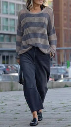 Striped Hollow Knit Sweater & Black Denim Pants