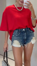 Heart Rhinestone Cutout T-Shirt & Denim Shorts