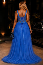 Royal Blue Rhinestone Tulle High Slit Prom Gown