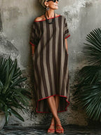 Women's Striped Print Round-neck Short-sleeve Casual Loose Cotton-linen Dress