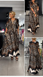 Leopard Print V-Neck Chiffon Kaftan Dress
