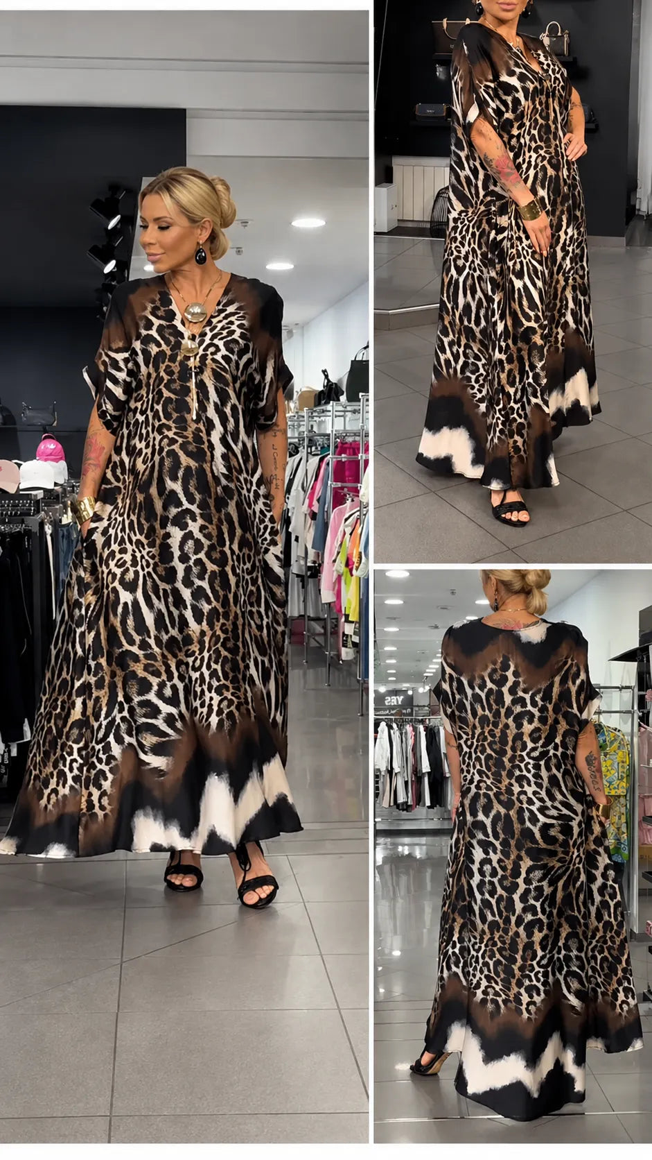 Leopard Print V-Neck Chiffon Kaftan Dress