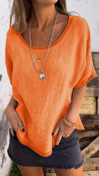 🎄Christmas Sale🔥Women's Summer Casual Linen Round Neck Short Sleeve Top
