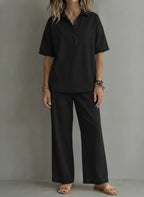 CLEARANCE SALE🔥 Women’s Casual Denim-Style Button Shirt and Wide-leg Pants Set