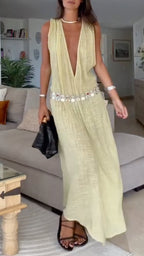 Crinkle Gauze Deep V-Neck Maxi Dress