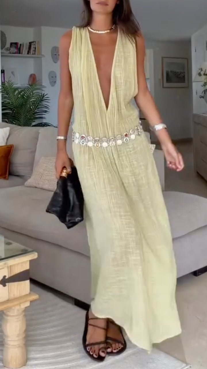 Crinkle Gauze Deep V-Neck Maxi Dress