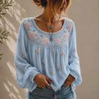 Boho Pink Rose Embroidered Long Sleeve Top