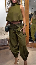Halter Crop Top & Wrap Tie Harem Pants Two-Piece Set