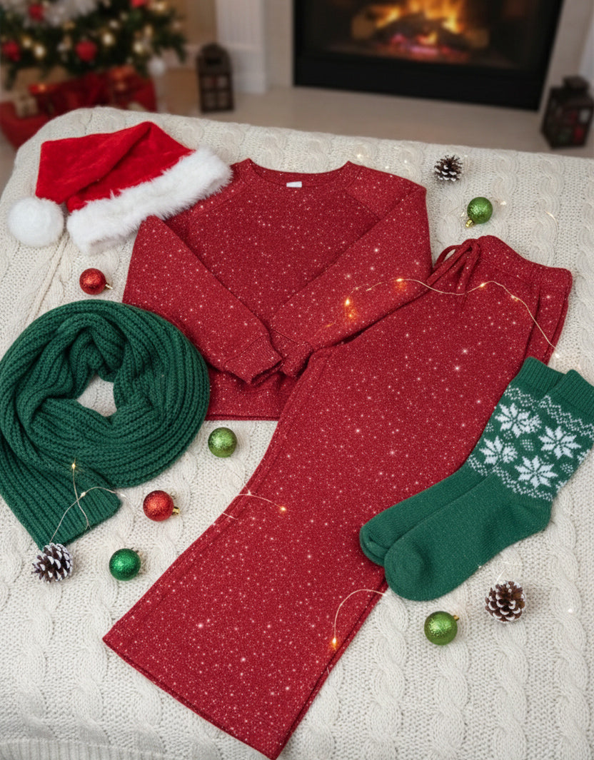 🎄 New Arrivals🔥 Cozy Travel Crew Neck Shiny Sweatshirt and Pant 2 Piece Sets
