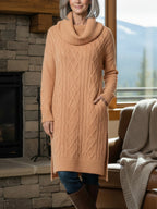 New Arrivals🔥 Legant Cowl Neck Long Sweater Dress - Flattering Cable Knit Winter Tunic With Side Slits & Pockets