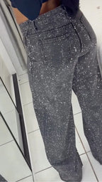 Over Rhinestone Wide Leg Cargo Denim Jeans