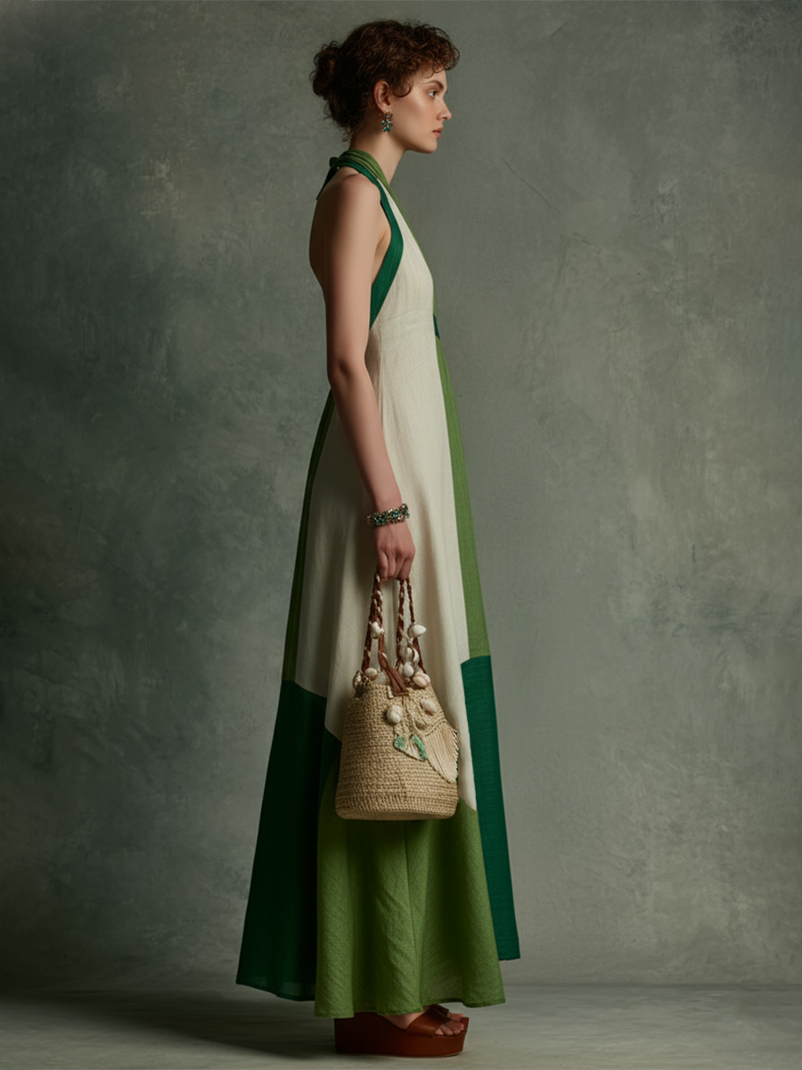 Green Horizon Color-Block Halter Maxi Dress