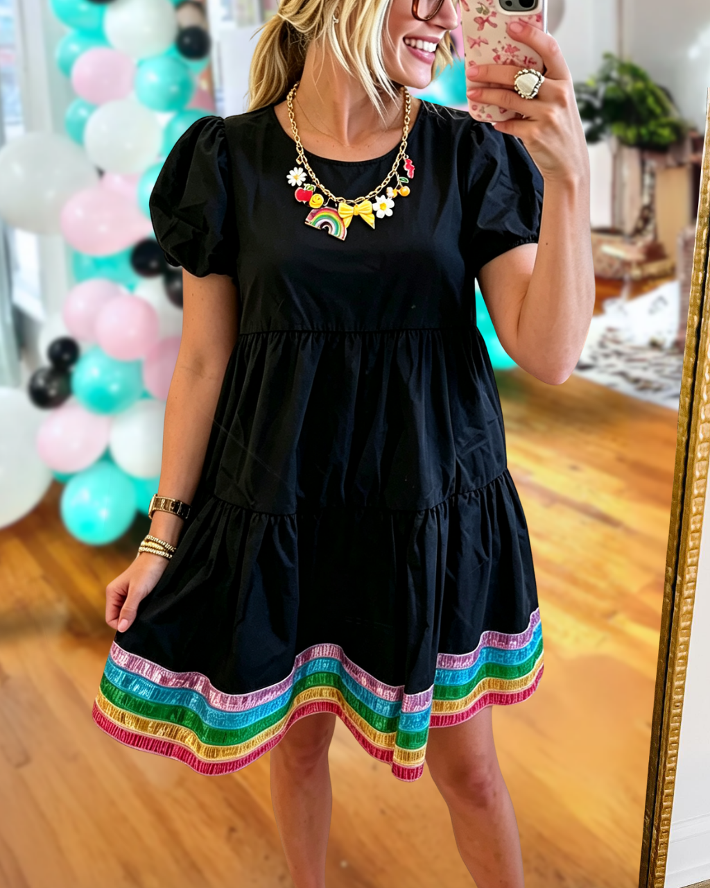 Rainbow Striped Trim Hem Dress