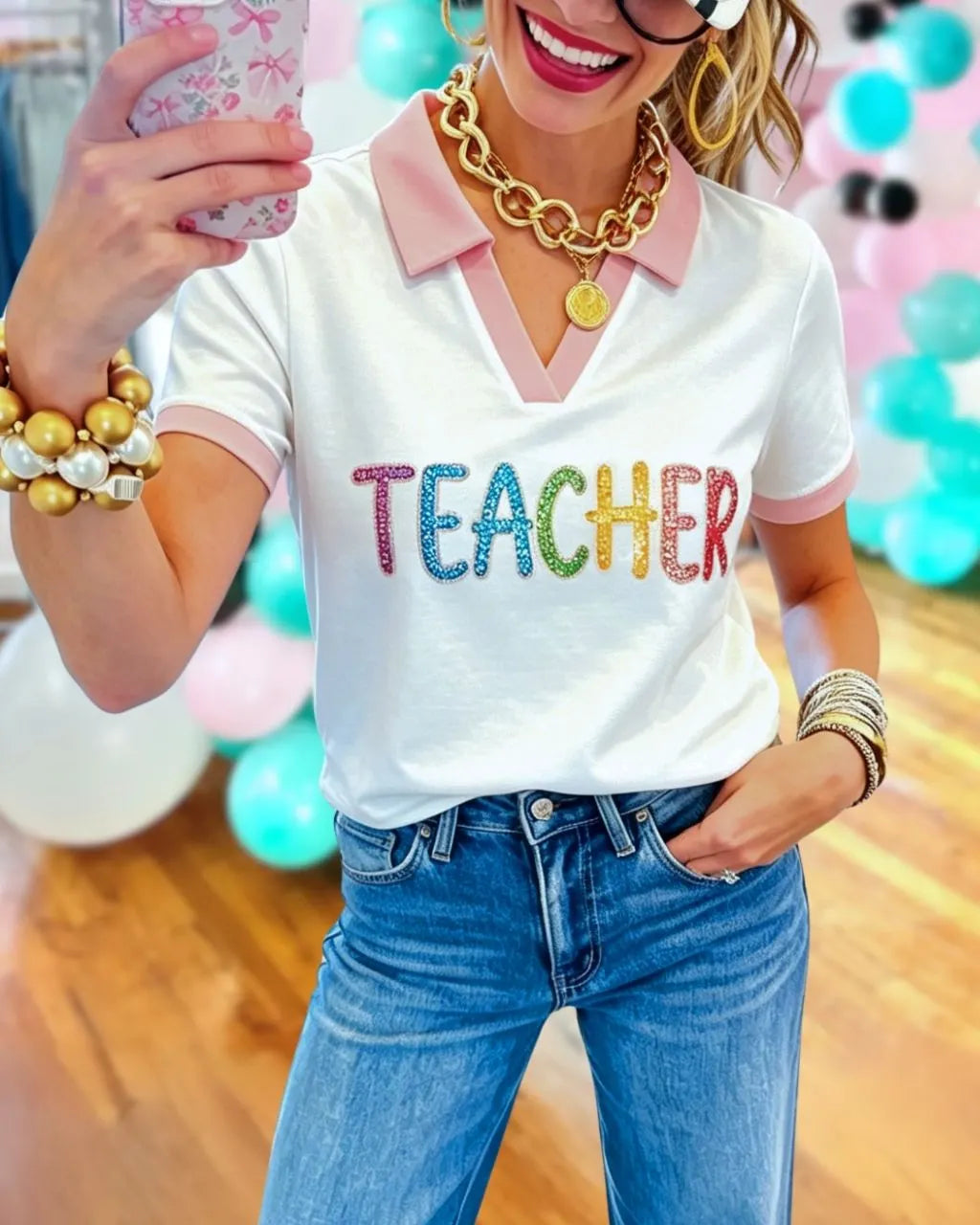 Teacher Sequined Collared Top