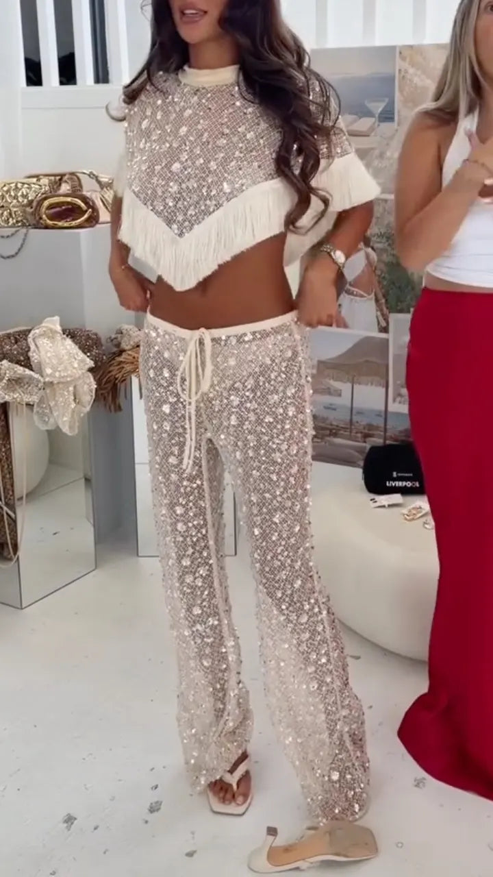 Sequin Fringe Mesh Two-Piece Set