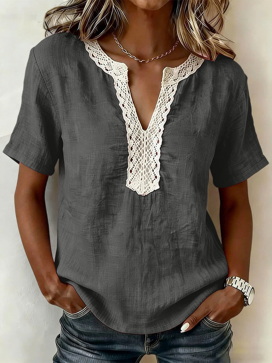 New Arrivals🔥Casual Linen Cotton Short Sleeve Top Lace Trim Collar