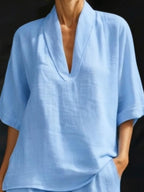 💝💝Women's Minimalist Cozy V-neck Shirt And Shorts Linen Cotton Two-piece Set