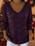 🎄 CLEARANCE SALE🔥 Women's V-neck Solid Color Loose Shiny Sweater