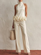 Floral Hem High-Neck Pant Set