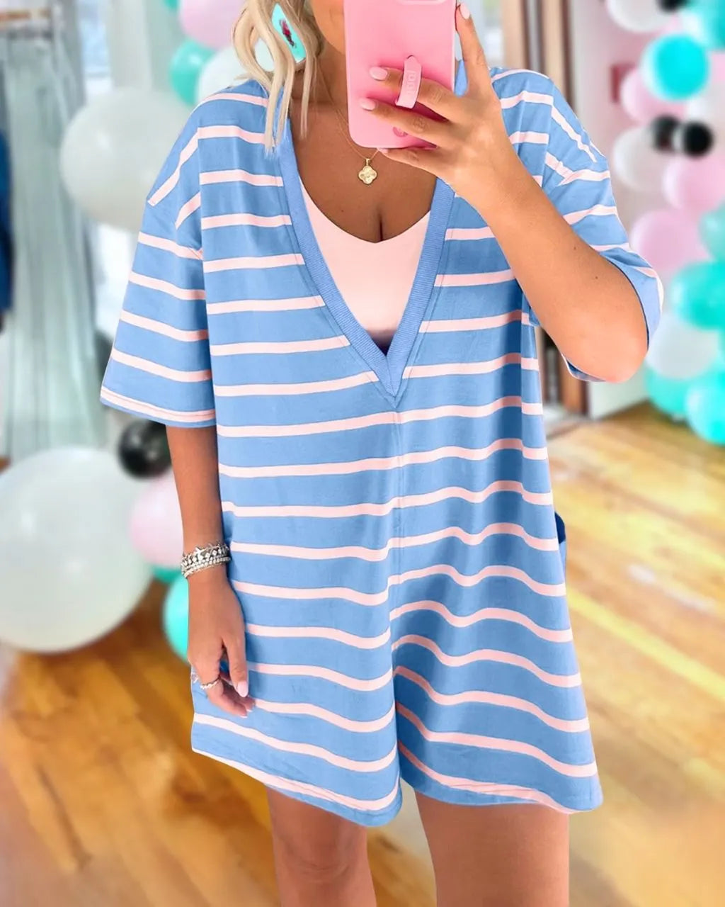 Color-blocked Striped V-neck Jumpsuit