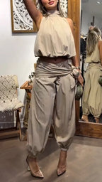 Halter Crop Top & Wrap Tie Harem Pants Two-Piece Set