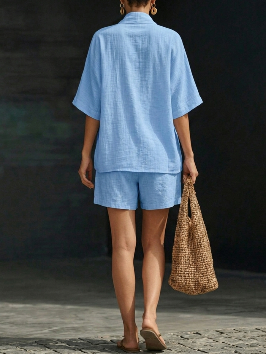 💝💝Women's Minimalist Cozy V-neck Shirt And Shorts Linen Cotton Two-piece Set