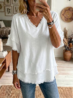 CLEARANCE SALE✨Vintage Frayed V Neck Linen Top