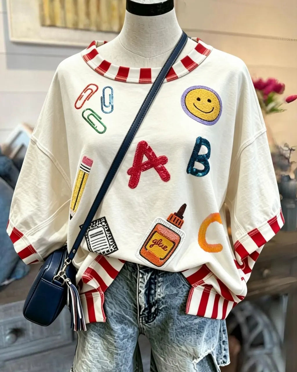 School Tool Sequined Striped Trim Top