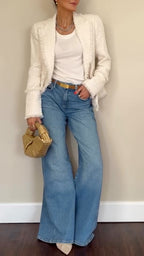 White Tweed Blazer & Wide-Leg Denim Outfit