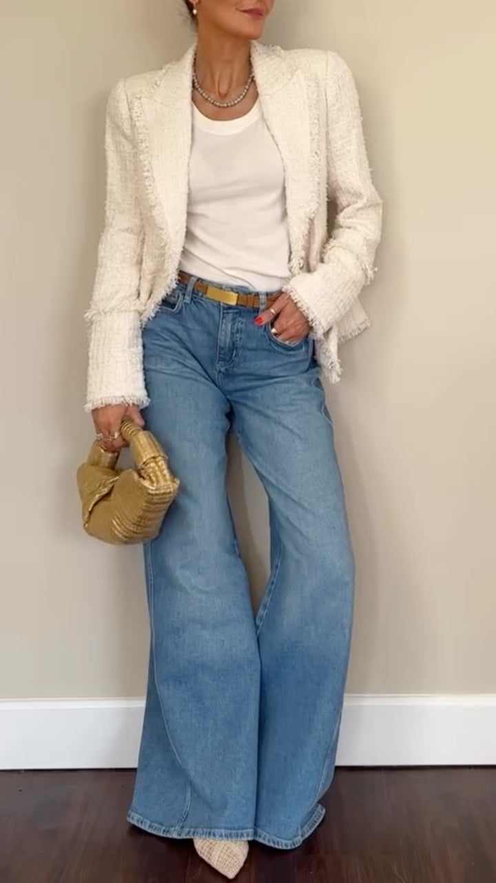 White Tweed Blazer & Wide-Leg Denim Outfit