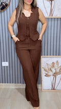 Sleeveless Vest & Wide Leg Pant Two-Piece Suit