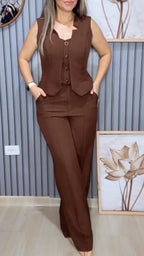 Sleeveless Vest & Wide Leg Pant Two-Piece Suit