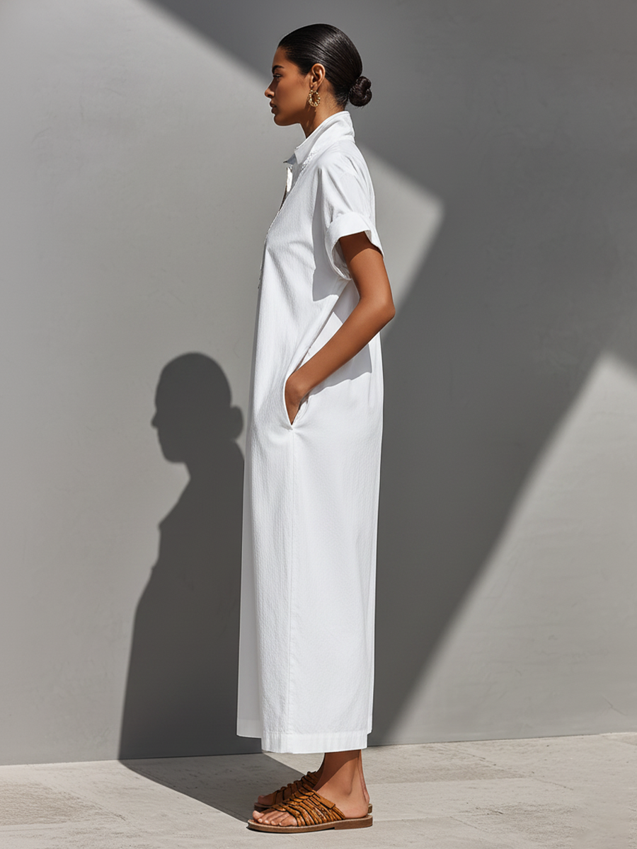 Half-Zip Relaxed Maxi Shirt Dress