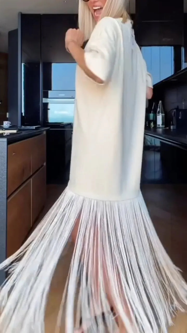 White Fringe Oversized T-shirt Maxi Dress