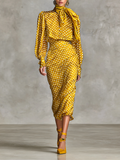 Women's Vintage Satin Polka Dot Print Shirt And Skirt Two-Piece Set (Not including scarf)