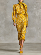 Women's Vintage Satin Polka Dot Print Shirt And Skirt Two-Piece Set (Not including scarf)