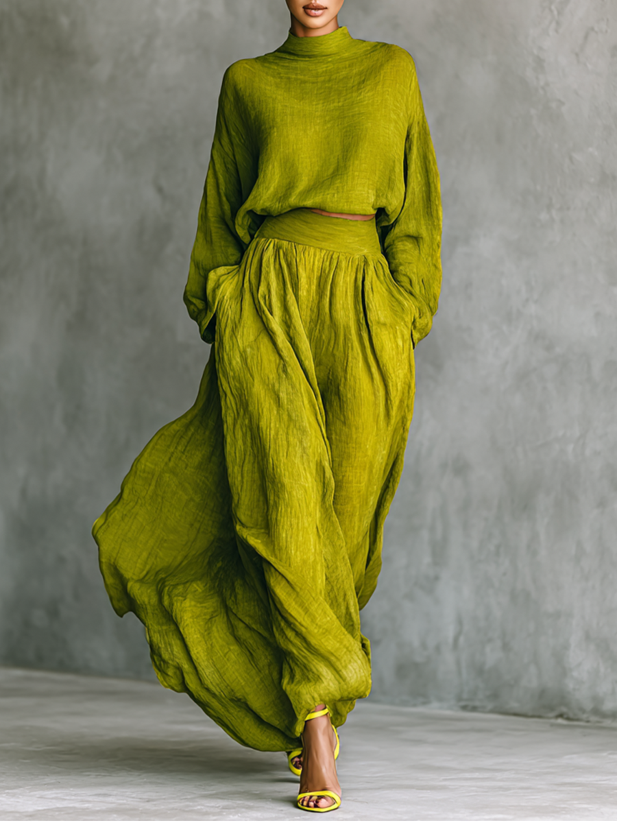 Women's Green Turtleneck Top and Maxi Skirt Set